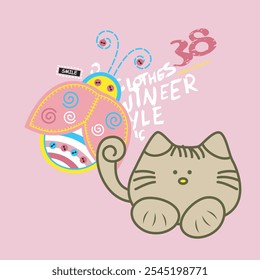 embroidery idea with cat image for kids t-shirt. vector illustration