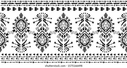 Embroidery Ikat pattern etnic indian ornamental black and white illustration. Navajo motif texture ornate  design for surface print.