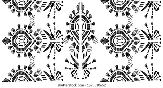 Embroidery Ikat pattern etnic indian ornamental black and white illustration. Navajo motif texture ornate  design for surface print.