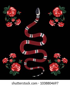 Embroidery illustration with snake and flowers