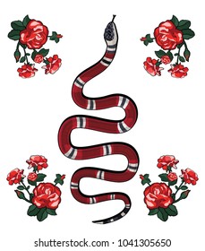 Embroidery illustration with snake and flowers