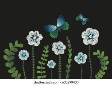 Embroidery imitation floral pattern border design.Vector illustration satin stitch fashion ornament with white, blue flowers, leaves, branches, butterflies isolated on black background.