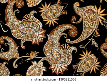 Embroidery imitation seamless pattern, background with traditional paisley. Floral vector illustration in damask style. Colored vector illustration.
