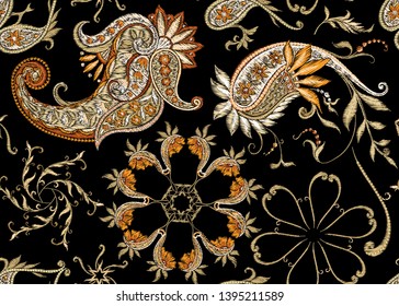 Embroidery imitation seamless pattern, background with traditional paisley. Floral vector illustration in damask style. Colored vector illustration.
