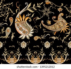 Embroidery imitation seamless pattern, background with traditional paisley. Floral vector illustration in damask style. Colored vector illustration.
