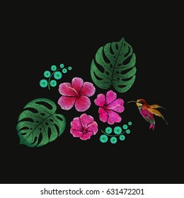 Embroidery imitation tropical floral pattern design. Vector illustration satin stitch fashion ornament with colibri bird, hibiscus flowers, leaves on black background.