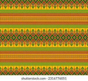 Embroidery indio de tela azteca patrón verde, marrón oscuro en amarillo diseño de ilustración vectorial para tela, alfombra, bufanda, papel envolvente, baldosas y más