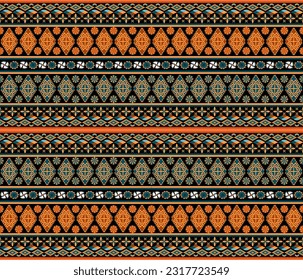 Embroidery indian aztec fabric pattern in green and orange vector illustration design for fabric, mat, carpet, scarf, wrapping paper, tile and more