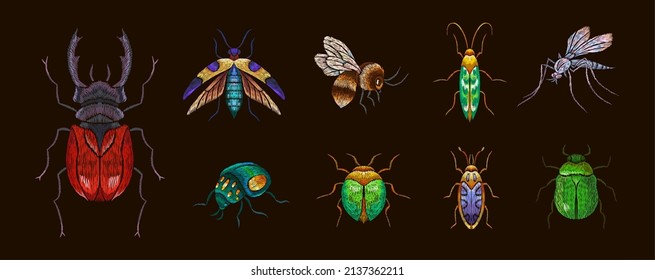 Embroidery insects. Bee, insect stitch patch. Flying bug and butterfly. Beetle floral art, wild garden animals with wings. Isolated handmade nowaday vector elements