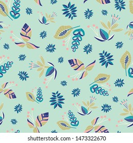 Embroidery inspired seamless vector pattern with beautiful tropical flowers. Bright vector folk floral ornament on green background for fashion textile and fabric, wallpaper, scrapbooking, cards or