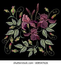 Embroidery irises. Beautiful spring purple irises against black background, embroidery template 