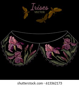 Embroidery irises template for collar. Spring purple irises against black background classic embroidery flowers vector 