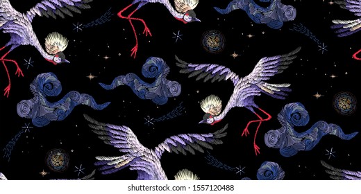 Embroidery Japanese crane birds and night sky seamless pattern. Vector embroidered floral patch with bird for clothing design.