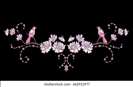 Embroidery japanese sakura blossom branch and bird, symmetrical ornament for decoration of clothes.