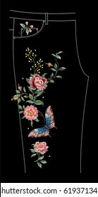 Embroidery jeans floral pattern with roses and butterflies . Vector traditional folk ornament with  flowers on black background for design