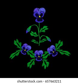 Embroidery of jeans. Smooth. Blue flowers Pansies with buds. Flower pattern. Traditional folk ornament. Vector illustration on a black background.