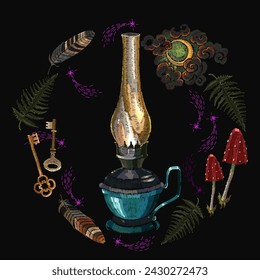 Embroidery kerosene lamp, magic golden keys, mushrooms, feather and moon. Night fairy tale art. Camping lantern. Magic outdoor template of clothes, t-shirt design