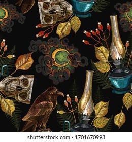 Embroidery kerosene lamp, moon, raven and human skull. Gothic seamless pattern. Dark fairy tale art. Occult and esoteric concept. Black magic illustration 