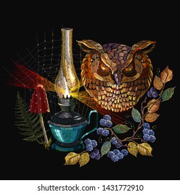 Embroidery kerosene lamp, owl, fly agaric and autumn leaves. Medieval fairy tale template for clothes, textiles, t-shirt design 