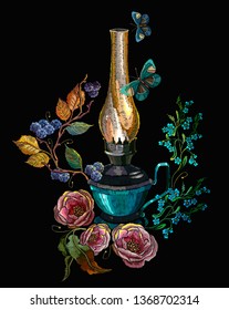 Embroidery kerosene lamp, roses and blackberry. Camping lantern. Fashion outdoor template of clothes, t-shirt design 