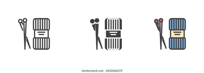 Embroidery kit icon set in line, solid, and filled colorful styles featuring embroidery threads and needles. Icon represents handcrafts and decorative stitching work.