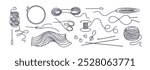 Embroidery kit. Knitting. Hoop frame, threads, needle, scissors, handicraft accessories. Crafting hand hobby. Balls of thread. Vector continuous line set isolated for handmade design