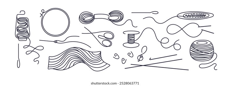 Embroidery kit. Knitting. Hoop frame, threads, needle, scissors, handicraft accessories. Crafting hand hobby. Balls of thread. Vector continuous line set isolated for handmade design