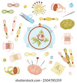 Embroidery kit. Pano with embroidery, floss threads, hoops, needles, scissors, ribbons, spools. Handmade and hobby concept. Vector illustration on white background.