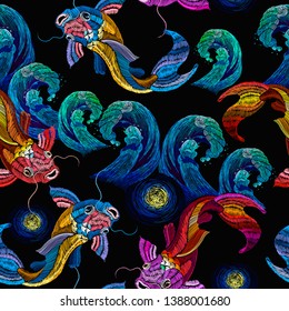 Embroidery koi fish carp and blue sea wave seamless pattern. Japan template fashionable clothes, t-shirt design 