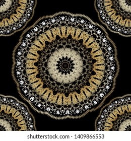 Embroidery lace textured floral mandala seamless pattern. Vector colorful tapestry Baroque ornament. Grunge texture. Embroidered stitched flowers, leaves. Vintage decorative surface textured design