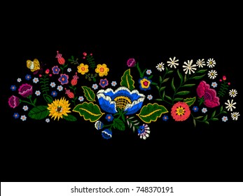 Embroidery landscape pattern with simplify flowers and butterfly. Vector embroidered native floral meadow. Tribal style design for fashion wearing.