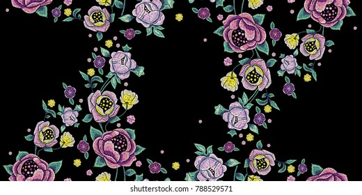 Embroidery landscape seamless pattern with pale roses. Vector embroidered floral design with repeated flowers.