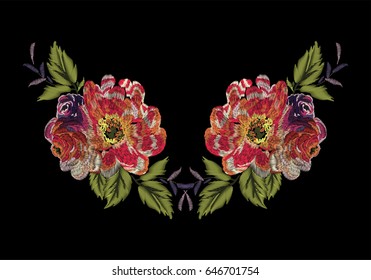 Embroidery with a large red flower for a design of clothes on a black background.