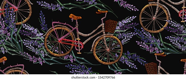 Embroidery lavender flowers and bicycle horizontal seamless pattern. Summer and spring floral art. Lifestyle concept. Fashion template for clothes, t-shirt design 