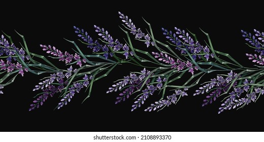 Embroidery lavender flowers horizontal seamless pattern. Spring floral art. Fashion template for clothes, t-shirt design 