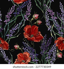 Embroidery lavender flowers and red roses, seamless pattern. Summer and spring floral art. Fashion template for clothes, t-shirt design