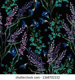 Embroidery lavender and summer meadow flowers seamless pattern. Spring and summer art. Fashion template for clothes, t-shirt design 