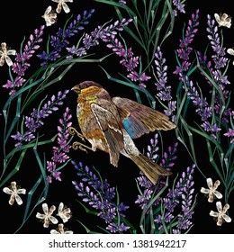 Embroidery lavender, summer meadow flowers and birds seamless pattern. Spring and summer art. Fashion template for clothes, t-shirt design 