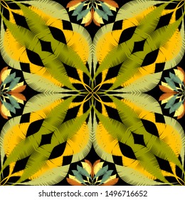 Embroidery leafy floral vector seamless pattern. Colorful autumn leaves textured background. Tapestry ornament with grunge flowers. Embroidered design. Ornate repeat  backdrop. Endless texture.