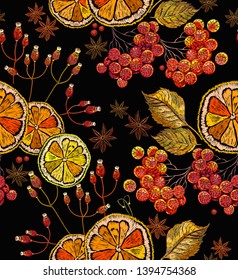 Embroidery lemon, mountain ash berries, cinnamon and carnation seamless pattern. Fashion autumn tea art. Template of clothes, tapestry, t-shirt design 