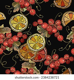 Embroidery lemon slice and berries, red currant. Seamless pattern. Autumn garden style. Template fashionable clothes, t-shirt design