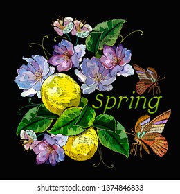 Embroidery lemons, butterfly and apple tree flowers. Spring slogan. Summer art. Fashion template for clothes, textiles and t-shirt design