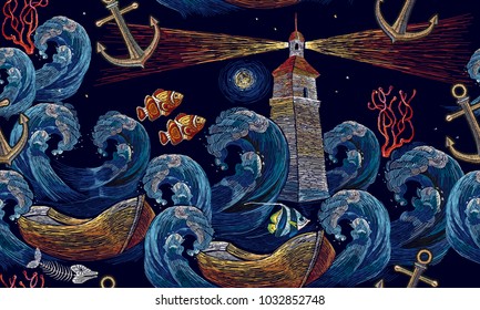 Embroidery lighthouse, anchor, boat, sea waves seamless pattern. Classical embroidery impressionism style lighthouse and storm in ocean seamless background 