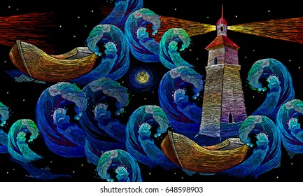 Embroidery lighthouse boat sea waves seamless pattern. Classical embroidery impressionism style lighthouse and storm in ocean seamless background. Template for clothes, textiles, t-shirt design 