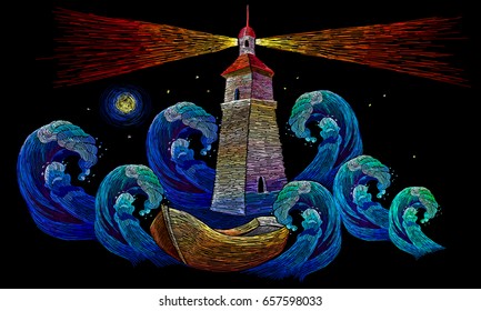 Embroidery lighthouse, boat, sea waves. Classical embroidery impressionism style lighthouse and storm in ocean fashion background. Template for clothes, textiles, t-shirt design 