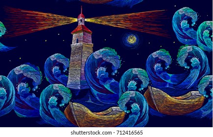 Embroidery lighthouse boat sea waves seamless pattern. Template for clothes, textiles, t-shirt design. Classical embroidery impressionism style lighthouse and storm in ocean seamless background 