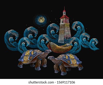 Embroidery. Lighthouse in ocean, big wave and sea turtles. Template for clothes, t-shirt design 