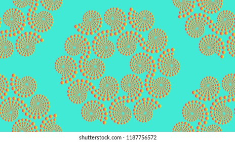 embroidery like seamless pattern with spirals of dots in orange and blue