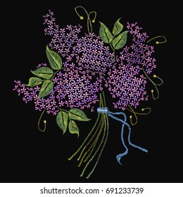 Embroidery lilac, beautiful violet bouquet blossoming lilac on black background. ?lassical embroidery lilac. Fashionable template for design of clothes, t-shirt design 