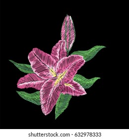 Embroidery lilies flower on black background. Fashion vector embroidered illustration for traditional decoration.